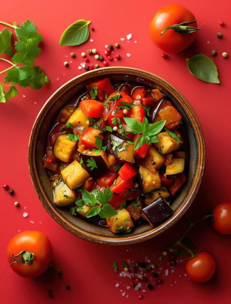 Healthy and Bold Flat Lay of Spanish Pisto with Summer Vegetables