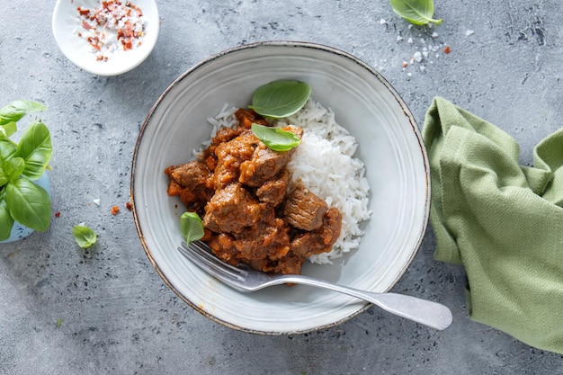 Healthy bowl with beef rice and vegetables