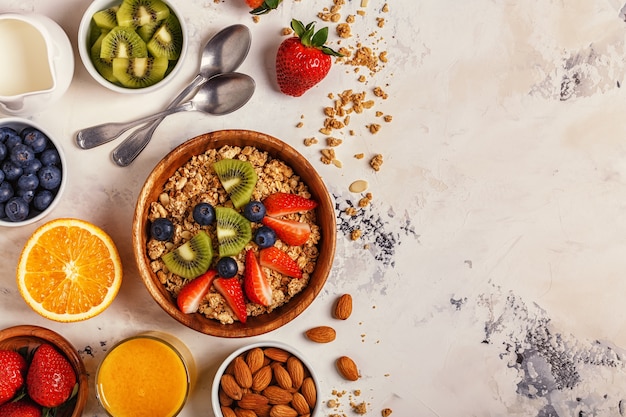 Healthy breakfast bowl of muesli and fresh fruits