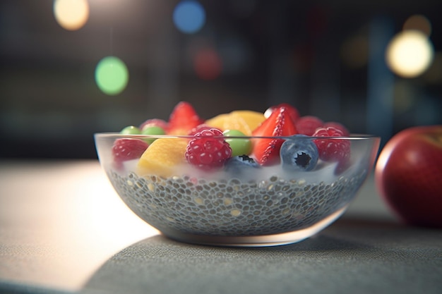 Healthy breakfast bowl with chia seed pudding and fresh fruits