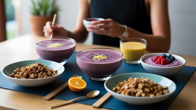 Healthy breakfast bowl with oat granola blueberry orange juice and smoothie bowl