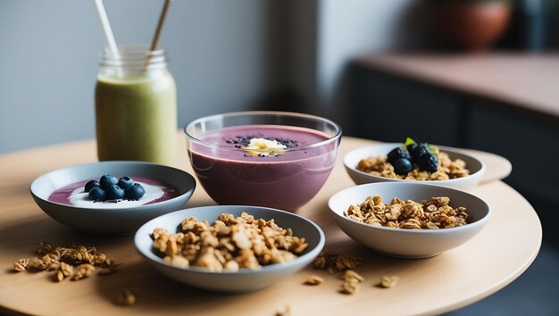 Healthy breakfast bowl with oat granola blueberry orange juice and smoothie bowl