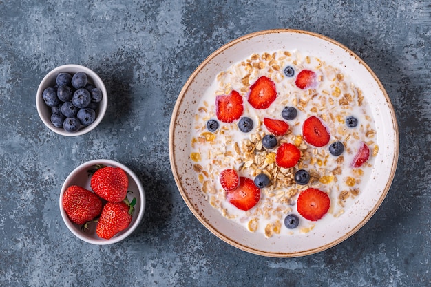 Healthy breakfast, bowl with oat granola, milk and berries