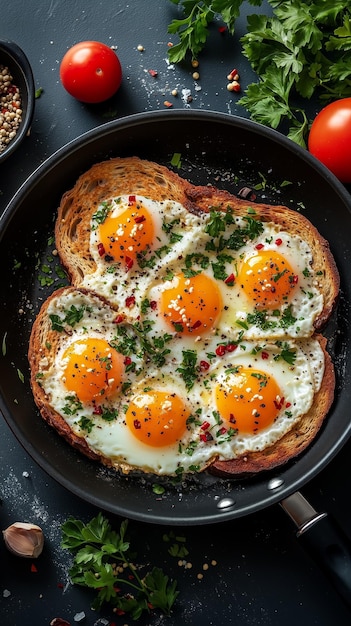 Photo healthy breakfast concept with eggs toast and fresh parsley