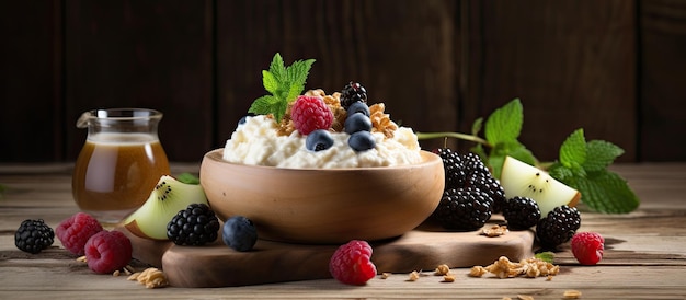 healthy breakfast consisting of cottage cheese topped with granola dried fruits and fresh berries