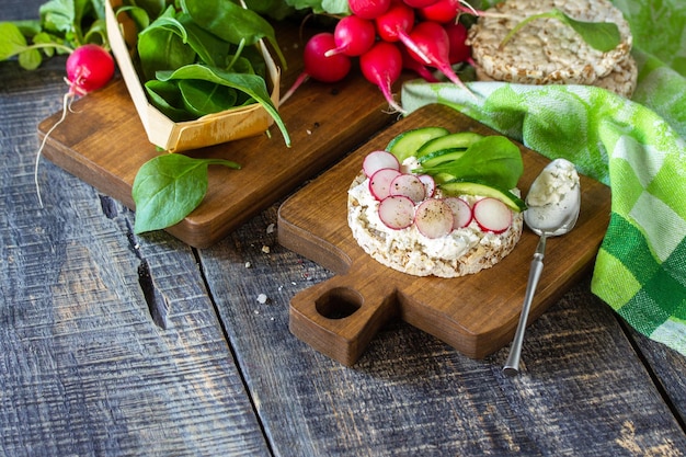 Healthy breakfast Crunchy crispbread Sandwiches with ricotta radish and fresh cucumber Copy space