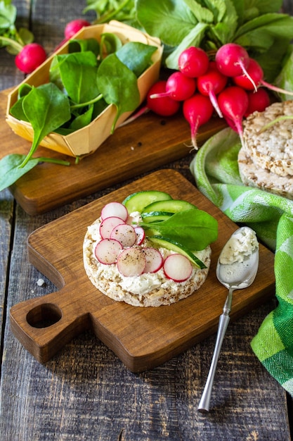 Healthy breakfast Crunchy crispbread Sandwiches with ricotta radish and fresh cucumber