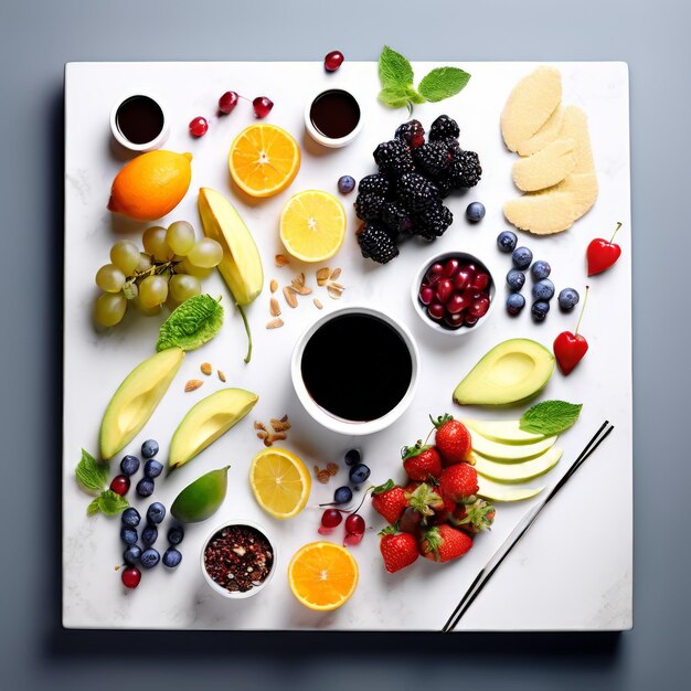 healthy breakfast fresh organic fruit and berries top view flat lay healthy breakfast fresh