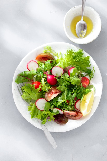 Healthy breakfast Fresh plate salad gray concrete  top view