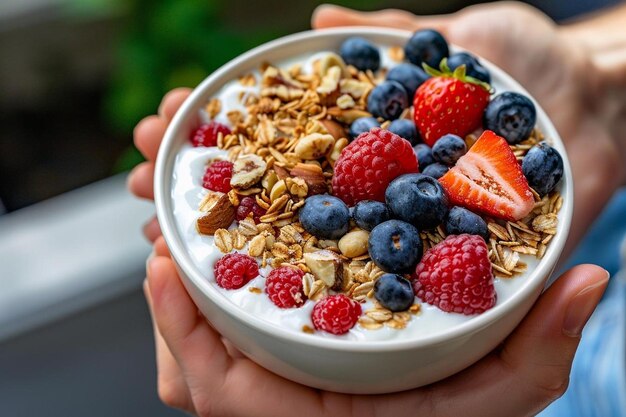 Healthy breakfast at the girl in hands