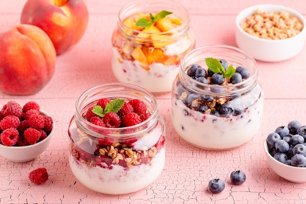 Healthy breakfast Granola muesli yoghurt and fruit