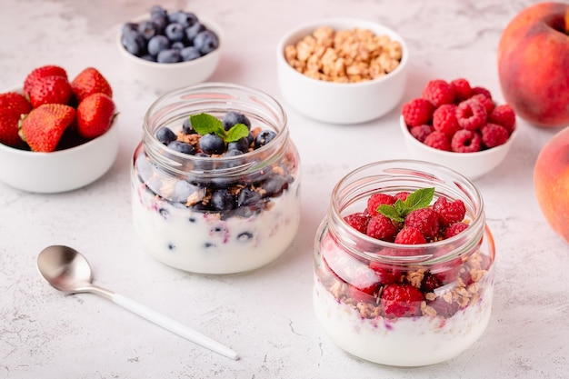 Healthy breakfast Granola muesli yoghurt and fruit