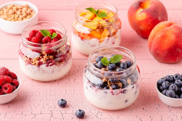 Healthy breakfast Granola muesli yoghurt and fruit