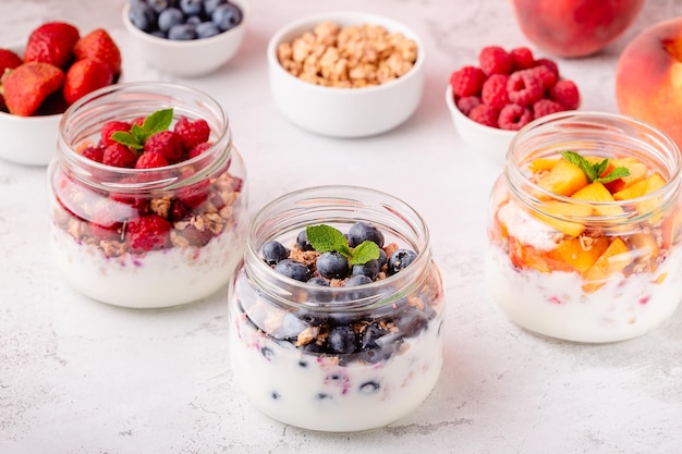 Healthy breakfast Granola muesli yoghurt and fruit