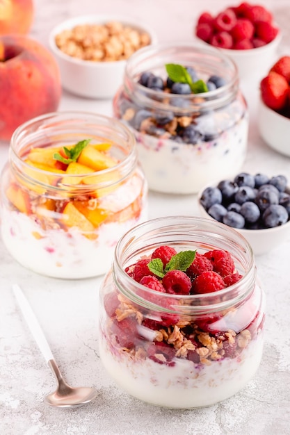 Healthy breakfast Granola muesli yoghurt and fruit