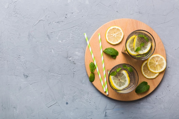 Healthy breakfast or morning with chia seeds lemon and mint on table background vegetarian food diet and health concept Chia pudding with lemon and mint