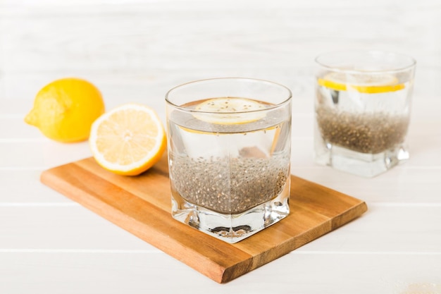 Healthy breakfast or morning with chia seeds and lemon on table background vegetarian food diet and health concept Chia pudding with lemon