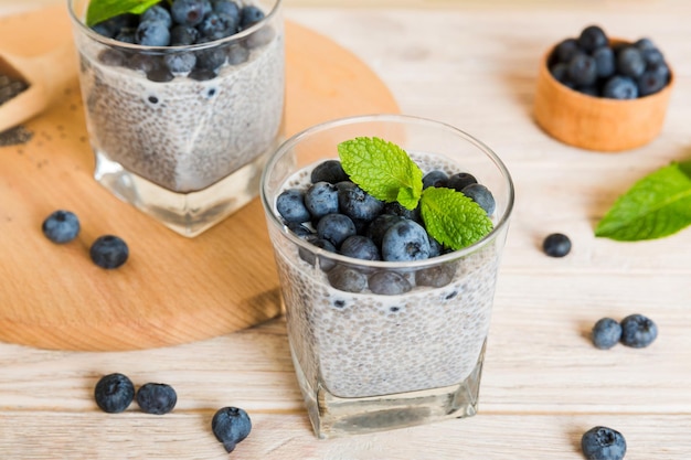 Healthy breakfast or morning with chia seeds vanilla pudding and blueberry berries on table background vegetarian food diet and health concept Chia pudding with coconut milk and blueberry