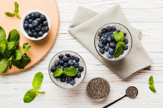 Healthy breakfast or morning with chia seeds vanilla pudding and blueberry berries on table background vegetarian food diet and health concept Chia pudding with coconut milk and blueberry