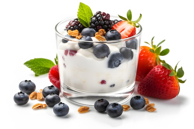 Healthy breakfast natural yogurt with fresh berries and muesli Neural network AI generated