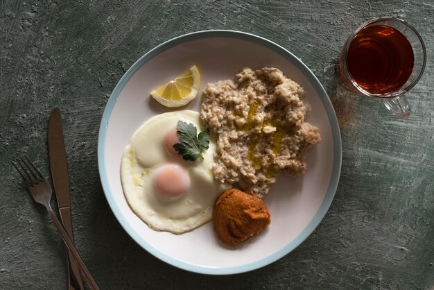 Healthy breakfast oatmeal and fried eggs