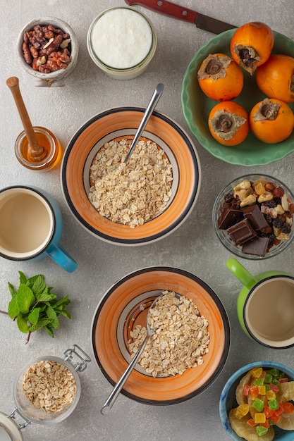 Healthy breakfast oatmeal and fruits