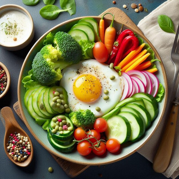 Photo healthy breakfast platter with sunny side up egg and fresh vegetables