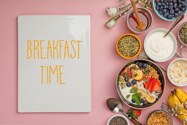 Photo healthy breakfast set with coffee and granola