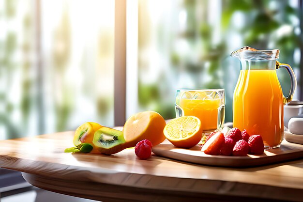 Healthy Breakfast on the Table With Juice in Bottle and Glasses