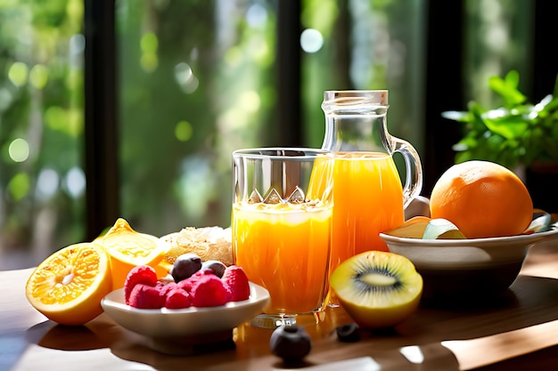 Healthy Breakfast on the Table With Juice in Bottle and Glasses