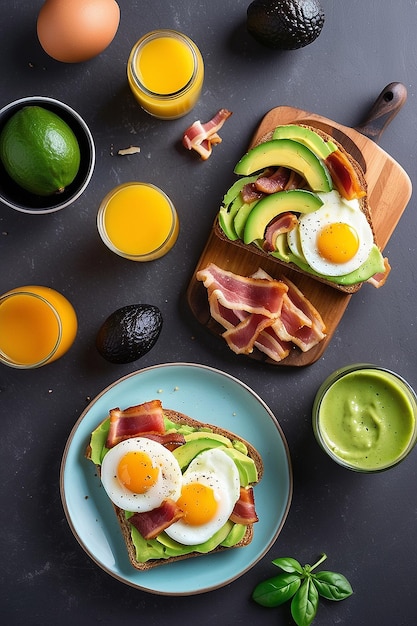 Photo healthy breakfast toast with avocado fresh and dried fruits and fresh juice