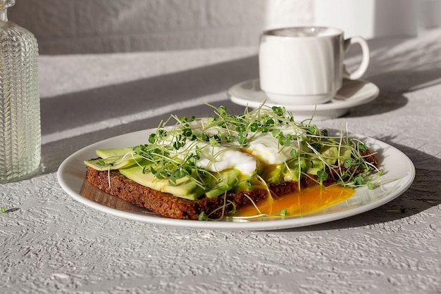 Healthy breakfast toasted whole grain bread with avocado poached egg microgreens and a cup of coffee