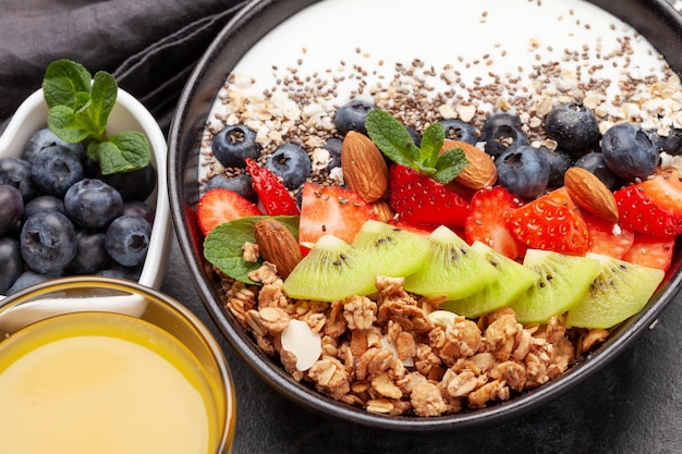 Healthy breakfast with bowl of granola yogurt and fresh berries