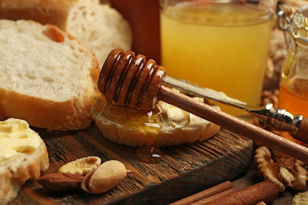 Healthy breakfast with bread honey nuts Country breakfast concept