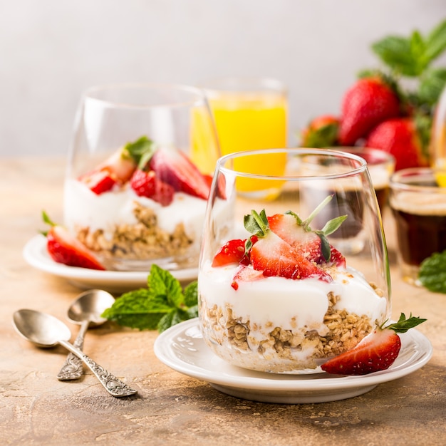 Healthy breakfast with granola and berries