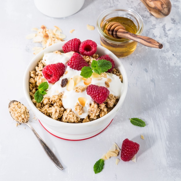 Healthy breakfast with granola and berries