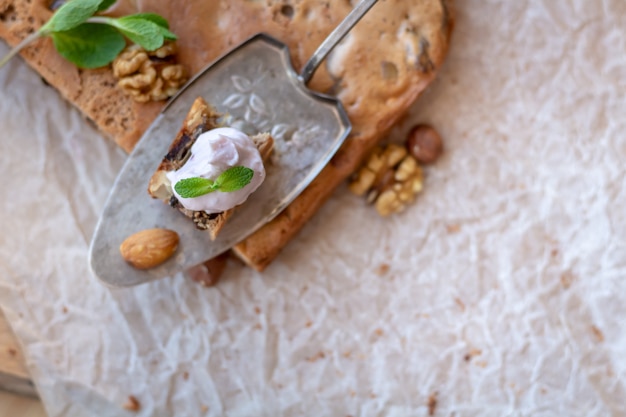 Healthy breakfast with homemade bread and cream.