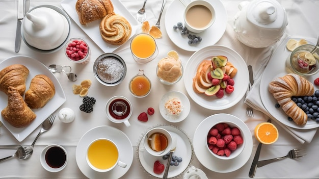 Healthy breakfast with oatmeal porridge strawberry nuts toast jam and tea Top view generate ai