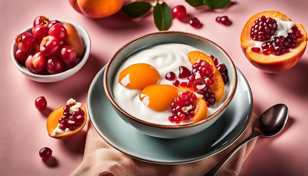 Healthy breakfast with yogurt apricot pomegranate