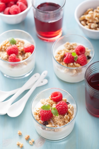 Healthy breakfast with yogurt granola and raspberry