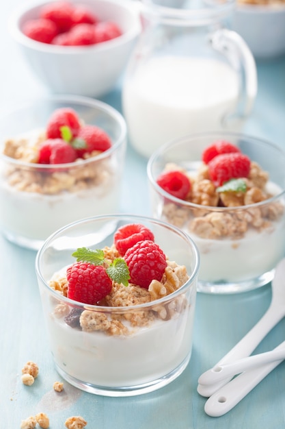 Healthy breakfast with yogurt granola and raspberry