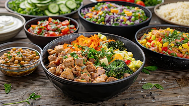 Photo healthy buddha bowl with grilled chicken broccoli carrots and avocado