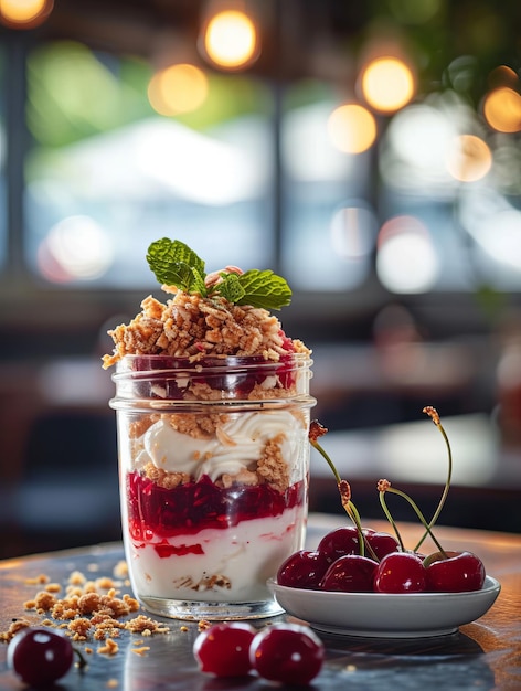 Healthy cherry parfait with fruits in the jar realistic photo