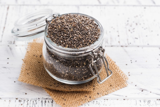 Healthy chia seeds in a glass jar