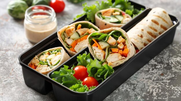 Photo healthy chicken wrap meal prep containers