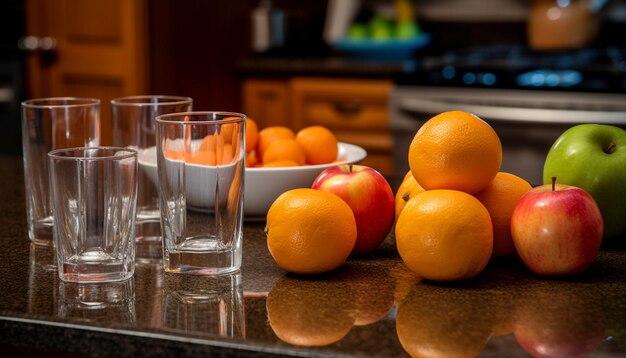 Healthy citrus fruits on wooden table indoors generated by artificial intelligence