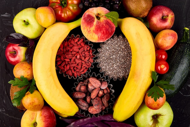 Healthy colorful food selection: fruit, vegetable, seeds, superfood