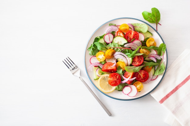 Healthy colorful vegan tomato salad with cucumber, radish, onion