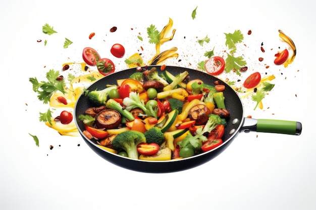 Healthy cooking with various chopped vegetables in a pan on a white background promoting nutrition a