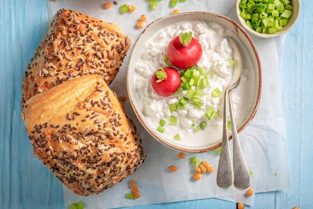 Healthy corn bun for spring and fresh breakfast